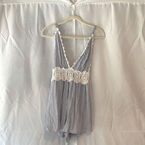 Island Gypsy blue and white open back romper, size S